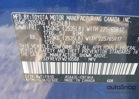 2015 Toyota Rav4 Le из США, поврежденный, VIN 2T3ZFREV2FW210568